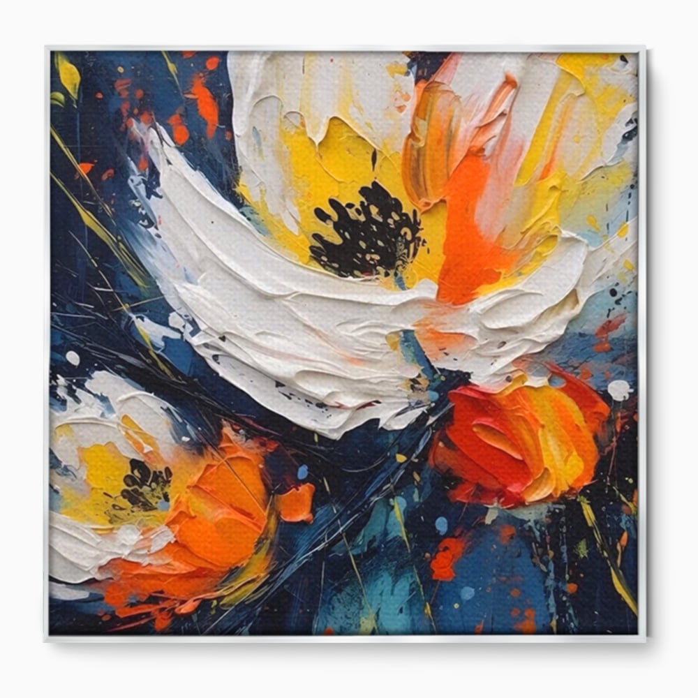 Tablou canvas cu pictura abstracta cu flori texturate, in rama de aluminiu argintiu